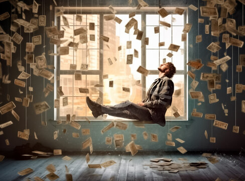 Portrait of illustration crazy man millionaire sitting on chair with flying money full room. Man wearing  suit isolated over money background, he is enjoying money rain. Generative AI.