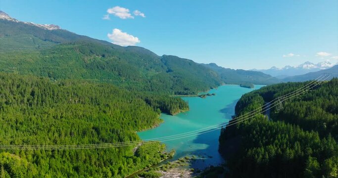 Aerial drone view of Daisy Lake during a sunny day. British Columbia, Canada