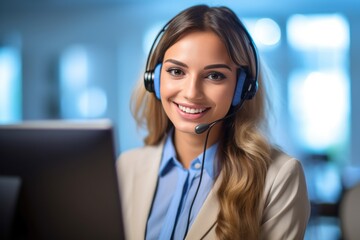 call-center operators with a small modern wireless headsets works with a desktop in an office, Generative AI - obrazy, fototapety, plakaty