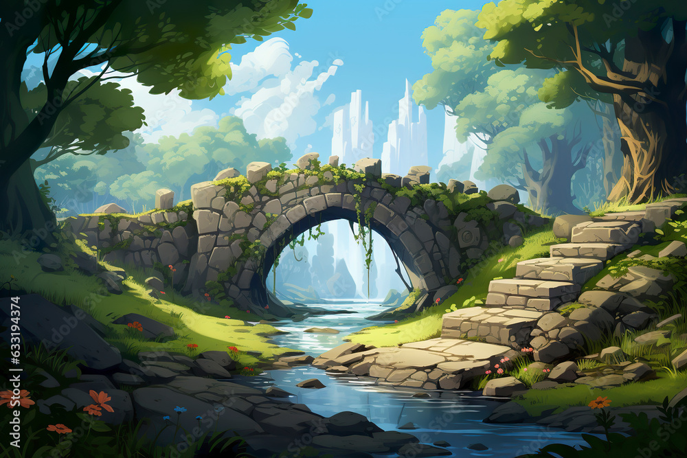 Wall mural background environment of a 2d abstract stone bridge for adventure or battle mobile game. cartoon st