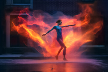 Magical power woman showing fire power battle energy like Superhuman movie on the night city street. Generative AI.