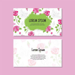Business card template, rose flowers and leaves seamless pattern vector design. Double-sided creative business card template. Landscape orientation. Vector illustration.