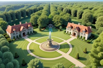 big house with garden and fountain