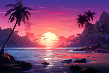 Abstract 2D tropical sunset background environment for adventure or battle mobile game. Cartoon style sunset in tropical location in game art background environment.