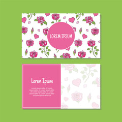 Business card template, rose flowers and leaves seamless pattern vector design. Double-sided creative business card template. Landscape orientation. Vector illustration.
