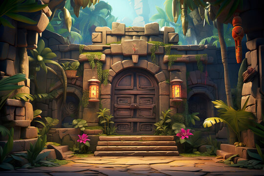 Background environment of 3D abstract hidden treasure room for adventure mobile game. Cartoon style of treasure room inside tropical temple ruins in game art background environment.
