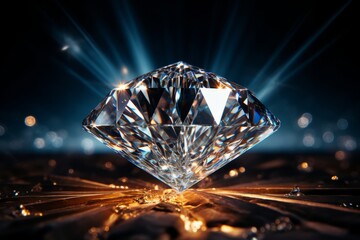 Photo of a sparkling diamond on a reflective surface, illuminated by bright lights created with Generative AI technology - obrazy, fototapety, plakaty