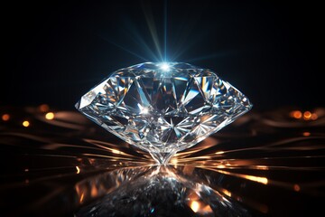 Photo of a sparkling diamond on a mirrored surface created with Generative AI technology - obrazy, fototapety, plakaty