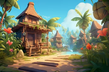 Foto auf Acrylglas Antireflex Background environment of hidden treasure hunt in 3D abstract village for adventure mobile game. Cartoon style hidden treasure hunt in tropical village in game art background environment. © Vagner Castro