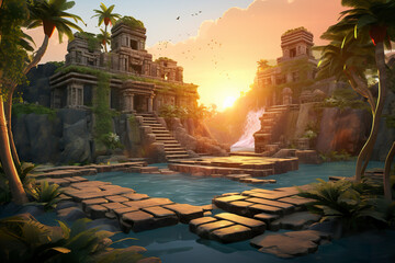 Abstract 3D abstract tropical temple ruins sunset background environment for adventure mobile game. Ruins cartoon style in warm tones in game art background environment.