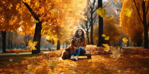 Autumn in City park ,woman walk and play with happy spaniel dog,yellow leaves fall gold  sunny Autumn Season