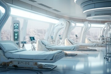 Fototapeta premium Futuristic white hospital with robots, glass and light