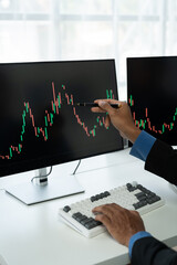 Online stock trading businessman Stock market value trading. Stock broker looking at charts, indices and figures on pc computer screen in office. Trader. Business success concept.