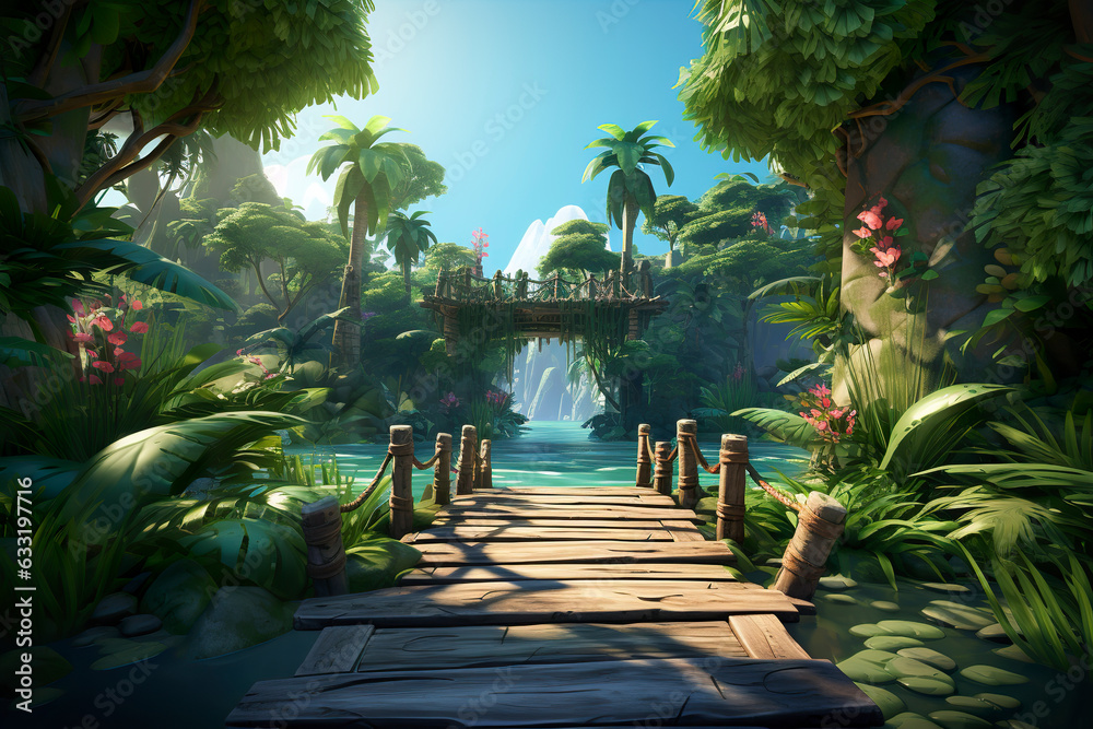Wall mural background environment of 3d abstract bamboo bridge for adventure mobile game. cartoon style bridge 