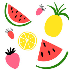 Pineapple, strawberry, watermelon and berries in different colors in flat style. Mini set of cute fruits and berries isolated on a white background.