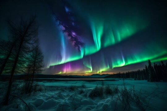 A dramatic sky filled with colourful northern lights