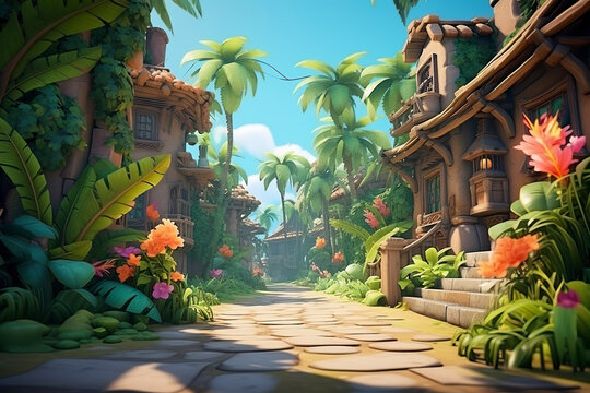 3D abstract peaceful village background environment for adventure mobile game. Quiet, secluded village cartoon style in game art background environment.