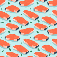 This graphic showcases a salmon sashimi pattern, capturing the elegance of Japanese cuisine. The repeated design highlights freshness and is ideal for culinary or cultural themes.
