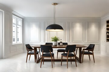 Black chairs and wooden dining table against of classic white paneling wall