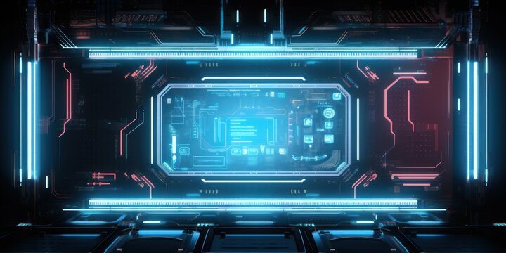 Neon future computer technology board for text mockup. AI generation 