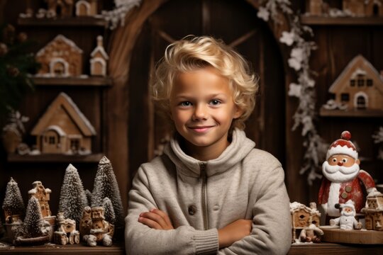 Photo of a young boy marveling at a festive Christmas display created with Generative AI technology