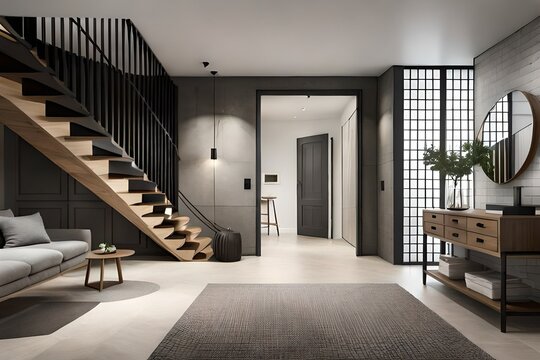interior design of modern entrance hall with grid door, staircase and rustic wooden accent pieces, Generative Ai