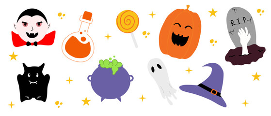 Cute illustration Halloween set of elements, ghost, pumpkin, bat, witch and wizard hat.