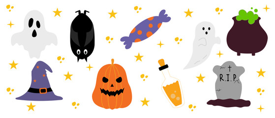 Halloween set of elements illustration, ghost, pumpkin, bat, witch and wizard hat.