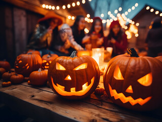 Jack-o'-lantern on the table in the festive atmosphere of Halloween. Generative ai