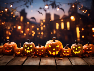 Fototapeta premium Halloween pumpkins on wooden table in Halloween theme with Generative AI.