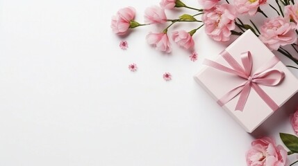 Set of gift boxes in pastel pink colors on light background with tender pnk flowers, flat lay, tio view, copy space for text