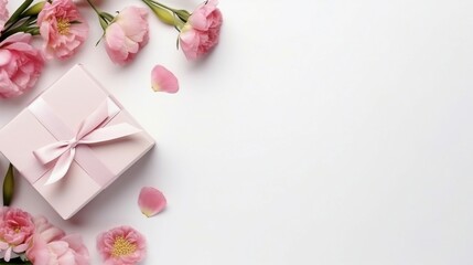 Set of gift boxes in pastel pink colors on light background with tender pnk flowers, flat lay, tio view, copy space for text