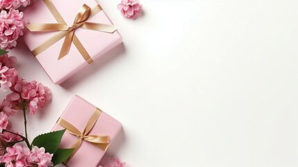 Obraz na płótnie Canvas Set of gift boxes in pastel pink colors on light background with tender pnk flowers, flat lay, tio view, copy space for text