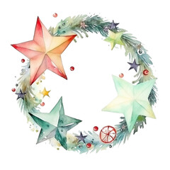 Watercolor christmas wreath decorated with baubles and stars on white background 