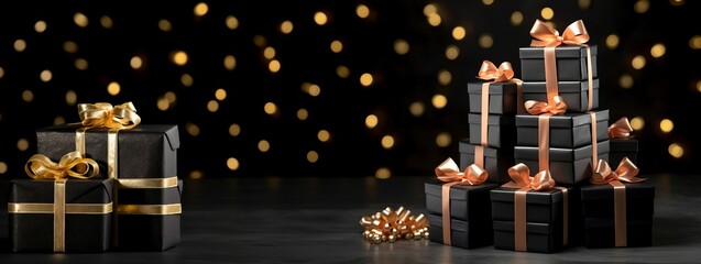 Black gift boxes arranged on dark background, black friday discounts concept