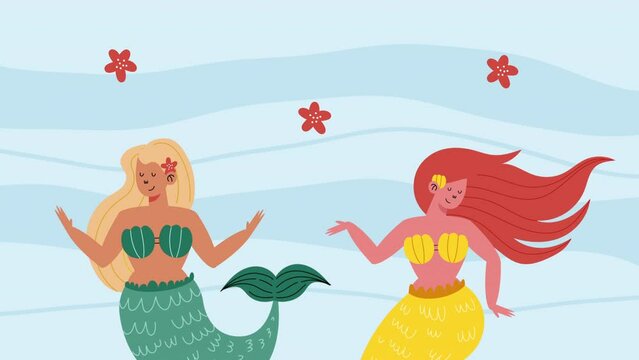 two beautiful fairy tale mermaids swiming animation