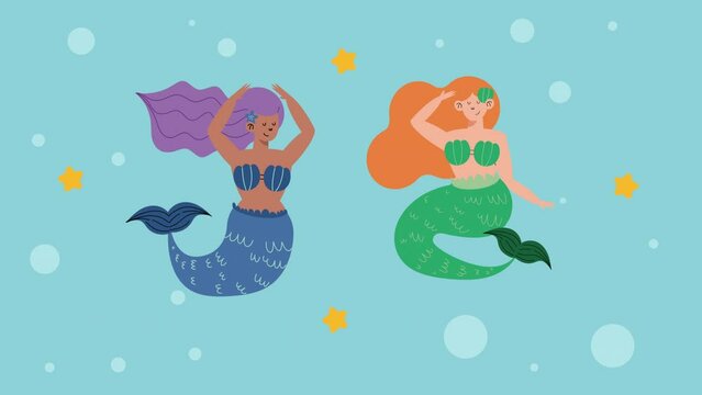two beautiful fairy tale mermaids with stars animation
