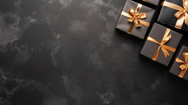 Black gift boxes arranged on dark background, black friday discounts concept