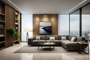 Naklejka na ściany i meble Minimalist interior design of modern living room with rustic accent pieces, Generative Ai