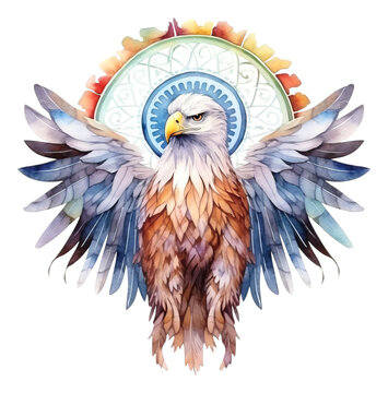 Watercolor of eagle with mandala graphic isolated.