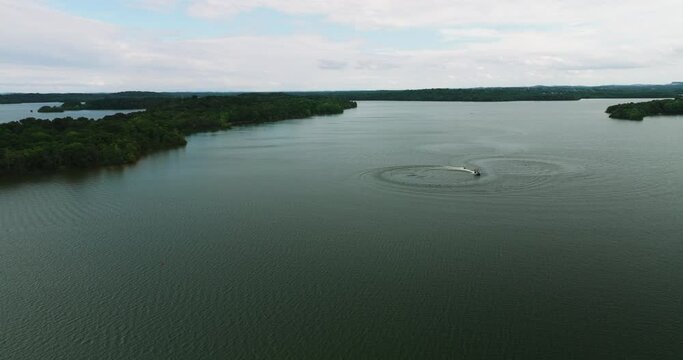 Percy Priest Lake in Long hunter state park with leisure boat, aerial view