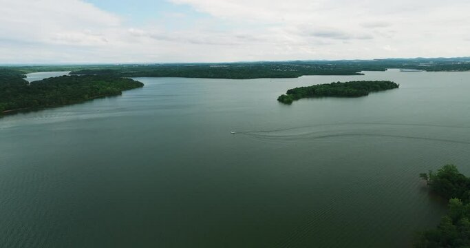 Establishing aerial drone view of Percy Priest lake in Long Hunter State Park