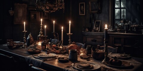 Fototapeta na wymiar empty black wooden table absorbs the enigmatic Halloween