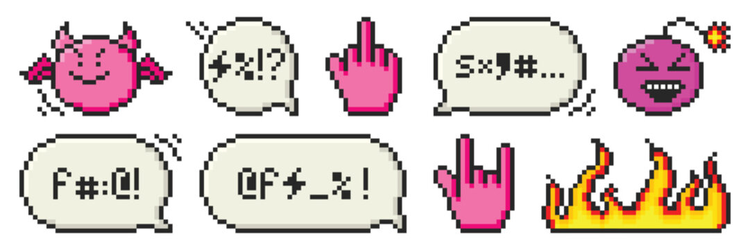Set of pixel art dialogue box with swear words, evil emoji, bomb, hands and fire. Speech bubbles in the mood of 90's aesthetics. Vector 8-bit retro style illustration. 