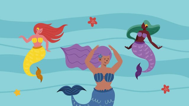 two beautiful fairy tale mermaids interracial animation