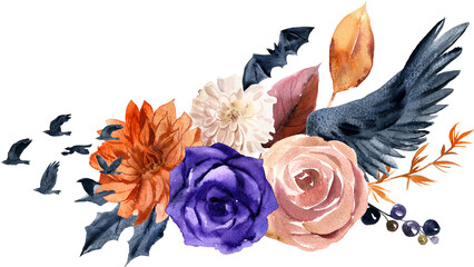 Spooky beautiful watercolor flower arrangement gothic illustration for Halloween. For your invitations, decorations or digital graphics, these cliparts will bring out the spooky atmosphere of your pro