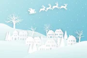 Poster winter landscape with snow and trees. Santa Flying in the night on christmas. Winter lanscape with house, snow and tree. Paper cut vector design. The house in winter is covered with snow. © CHAIYAPHON