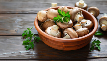 Fresh mushrooms in a clay bowl and parsley on a dark rustic wooden table. Vegetarian food is on the table.
