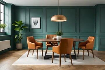 Orange leather chairs at round dining table against green wall, Generative Ai