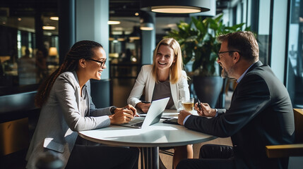 business people collaborating, sitting around a cafe lounge table, working together with a laptop, made with generative ai